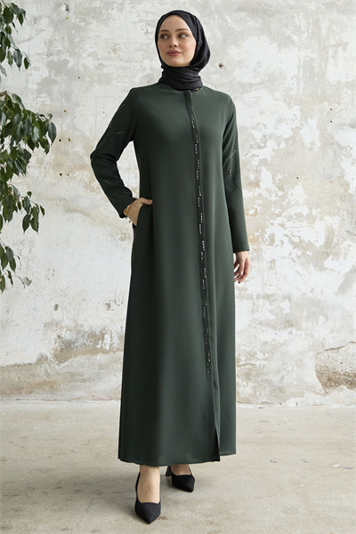 Sıralı Taş Nakışlı Haki Ferace