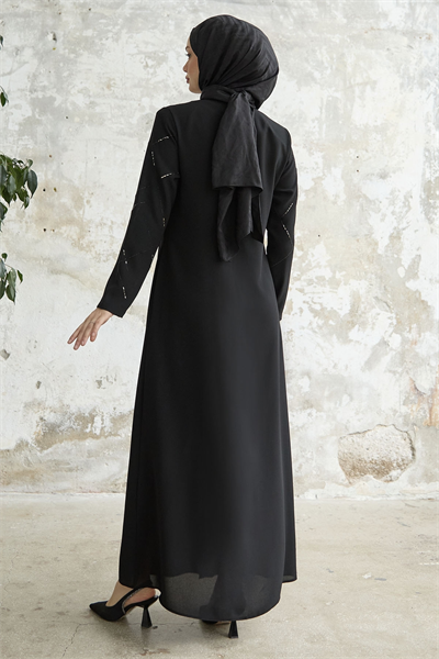 Sıralı Taş Nakışlı Siyah Ferace