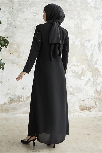 Sıralı Taş Nakışlı Siyah Ferace