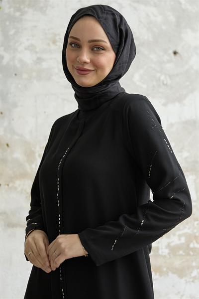 Sıralı Taş Nakışlı Siyah Ferace