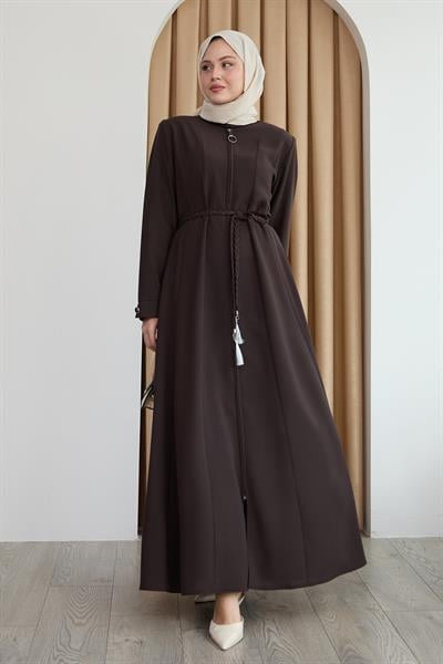 Sivya Yakası Düğme Kuşağı Örmeli Acı Kahve Ferace