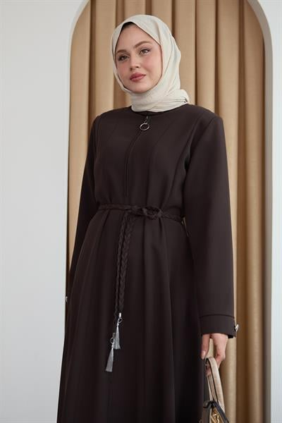 Sivya Yakası Düğme Kuşağı Örmeli Acı Kahve Ferace