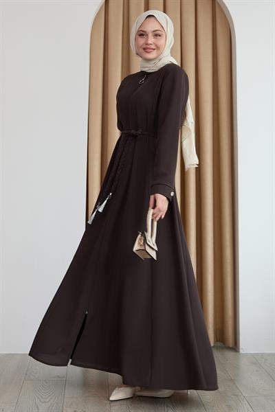 Sivya Yakası Düğme Kuşağı Örmeli Acı Kahve Ferace