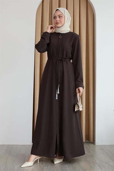 Sivya Yakası Düğme Kuşağı Örmeli Acı Kahve Ferace