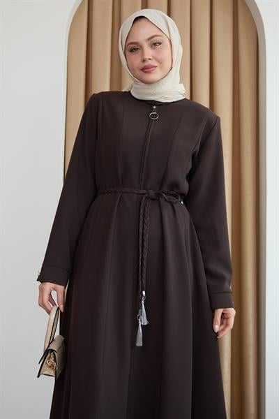 Sivya Yakası Düğme Kuşağı Örmeli Acı Kahve Ferace