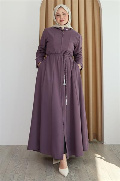 Sivya Yakası Düğme Kuşağı Örmeli Gül Kurusu Ferace