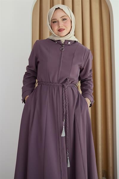 Sivya Yakası Düğme Kuşağı Örmeli Gül Kurusu Ferace