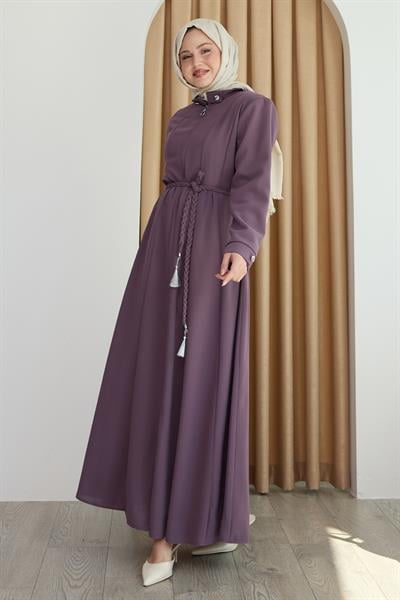 Sivya Yakası Düğme Kuşağı Örmeli Gül Kurusu Ferace