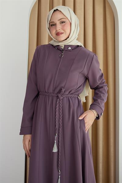 Sivya Yakası Düğme Kuşağı Örmeli Gül Kurusu Ferace