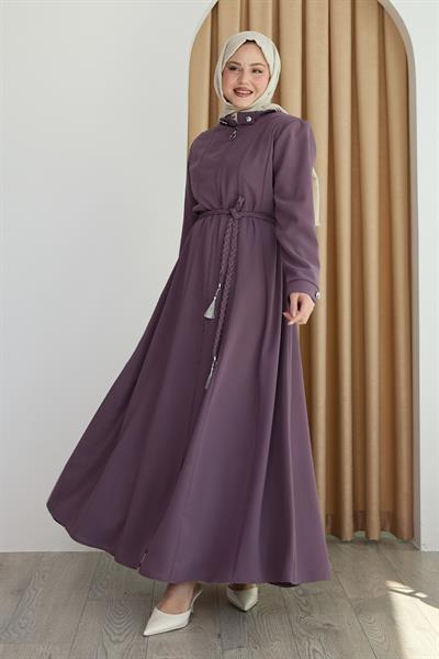 Sivya Yakası Düğme Kuşağı Örmeli Gül Kurusu Ferace