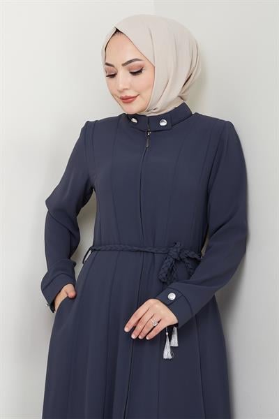 Sivya Yakası Düğme Kuşağı Örmeli Koyu Gri Ferace