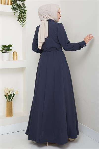 Sivya Yakası Düğme Kuşağı Örmeli Koyu Gri Ferace