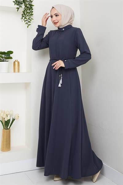 Sivya Yakası Düğme Kuşağı Örmeli Koyu Gri Ferace