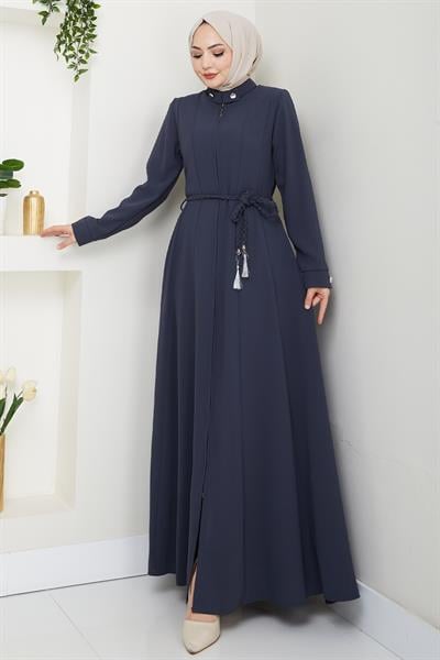 Sivya Yakası Düğme Kuşağı Örmeli Koyu Gri Ferace