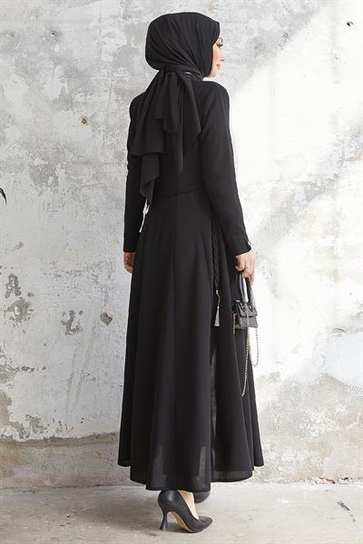 Sivya Yakası Düğme Kuşağı Örmeli Siyah Ferace