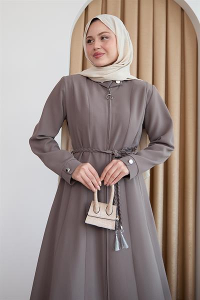 Sivya Yakası Düğme Kuşağı Örmeli Vizon Ferace