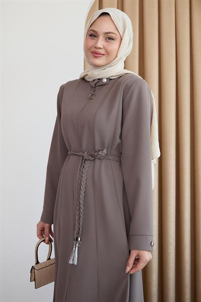 Sivya Yakası Düğme Kuşağı Örmeli Vizon Ferace