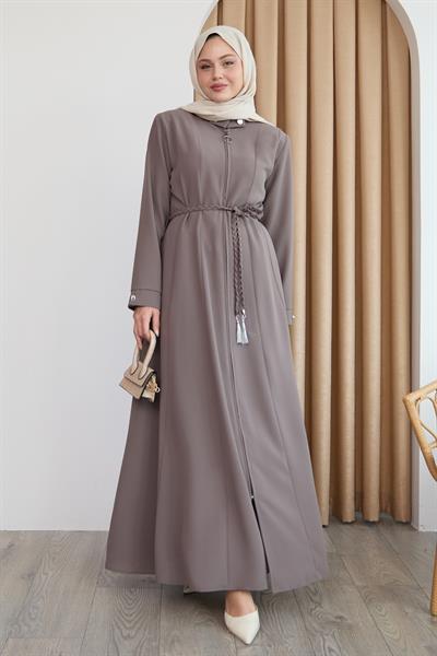 Sivya Yakası Düğme Kuşağı Örmeli Vizon Ferace