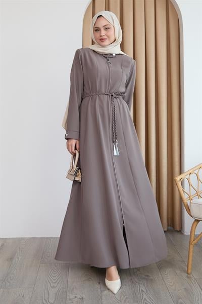 Sivya Yakası Düğme Kuşağı Örmeli Vizon Ferace