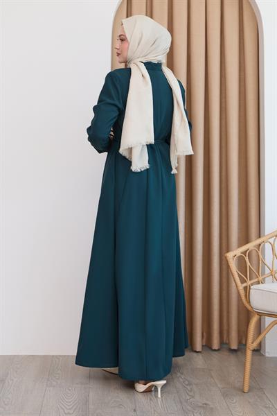 Sivya Yakası Düğme Kuşağı Örmeli Zümrüt Yeşili Ferace