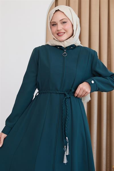 Sivya Yakası Düğme Kuşağı Örmeli Zümrüt Yeşili Ferace