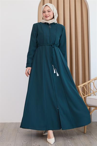 Sivya Yakası Düğme Kuşağı Örmeli Zümrüt Yeşili Ferace