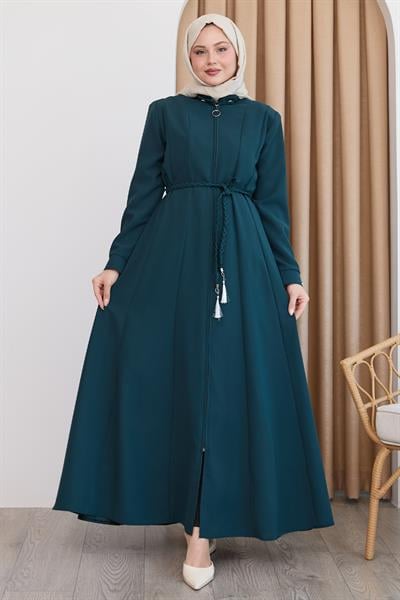 Sivya Yakası Düğme Kuşağı Örmeli Zümrüt Yeşili Ferace
