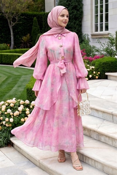 Soft Desen Gold Tokalı Pembe Elbise