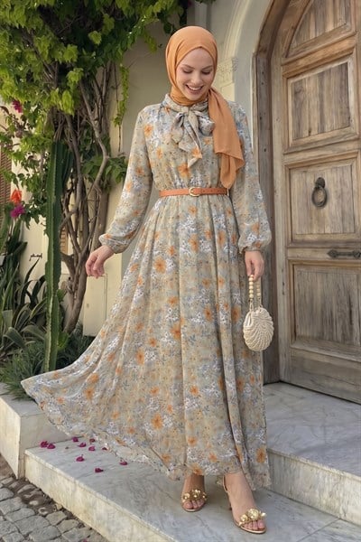 Soft Desen Yakası Kuşaklı Mint Yeşili Şifon Elbise