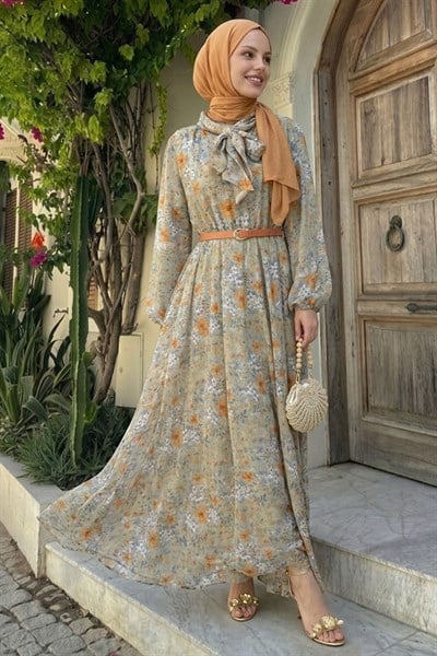 Soft Desen Yakası Kuşaklı Mint Yeşili Şifon Elbise