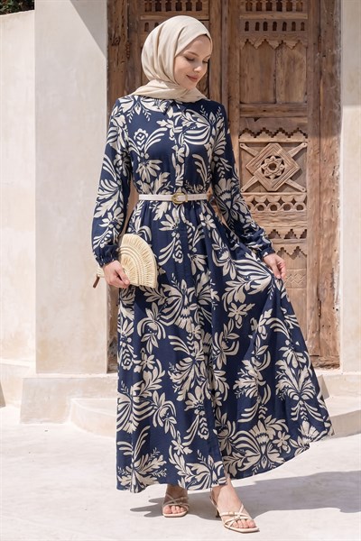 Soft Desenli Kemerli Lacivert Elbise