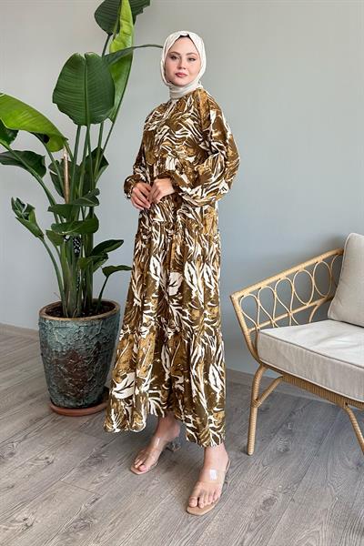 Soyut Balon Kol Haki Viskon Elbise