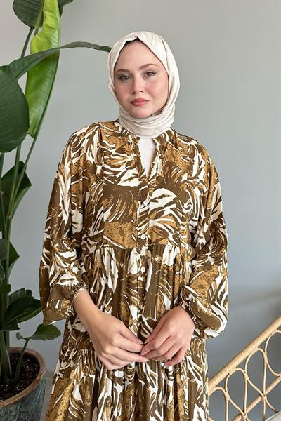 Soyut Balon Kol Haki Viskon Elbise