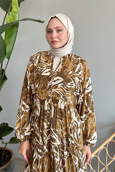 Soyut Balon Kol Haki Viskon Elbise