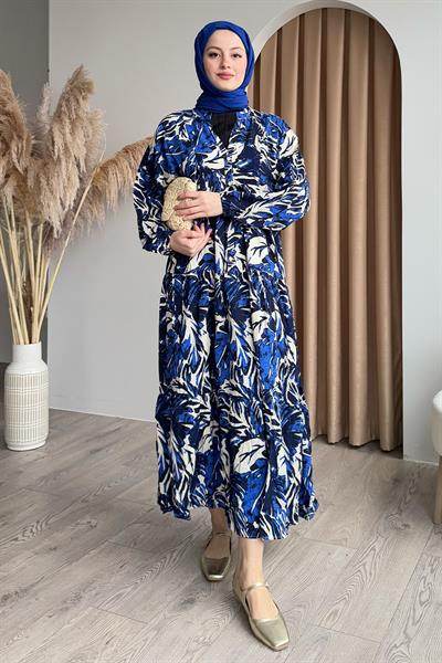 Soyut Balon Kol İndigo Viskon Elbise