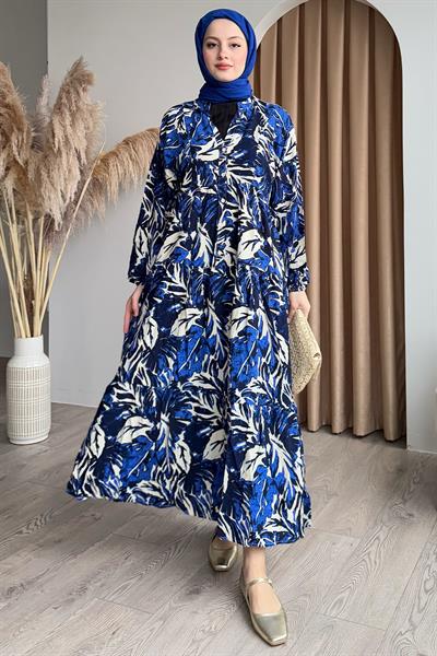 Soyut Balon Kol İndigo Viskon Elbise