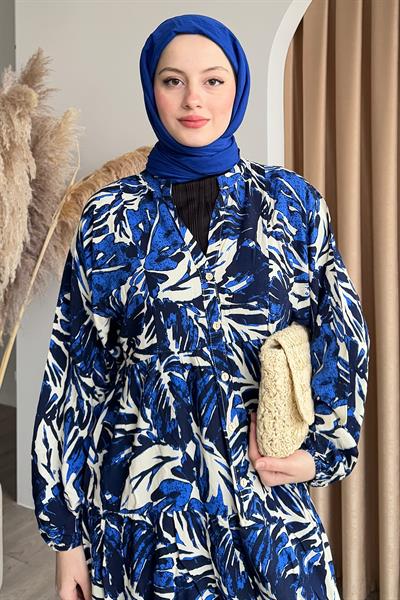 Soyut Balon Kol İndigo Viskon Elbise