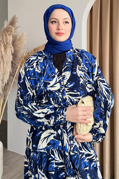 Soyut Balon Kol İndigo Viskon Elbise