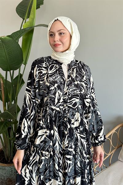 Soyut Balon Kol Siyah Viskon Elbise