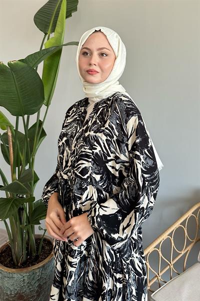 Soyut Balon Kol Siyah Viskon Elbise