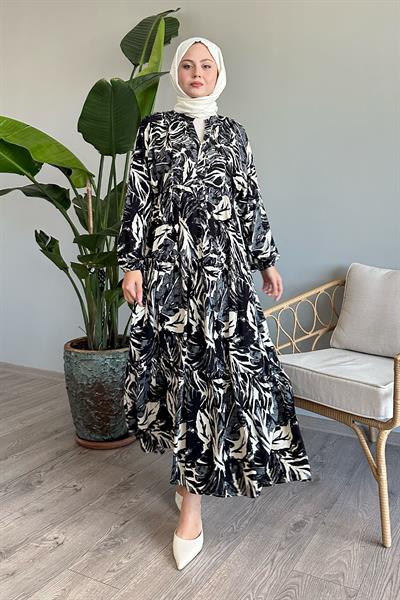 Soyut Balon Kol Siyah Viskon Elbise