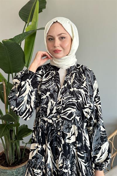 Soyut Balon Kol Siyah Viskon Elbise