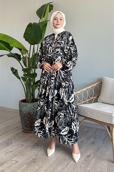 Soyut Balon Kol Siyah Viskon Elbise