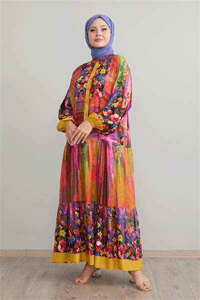 Soyut Çiçekli Hardal Viskon Elbise