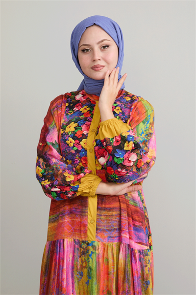 Soyut Çiçekli Hardal Viskon Elbise