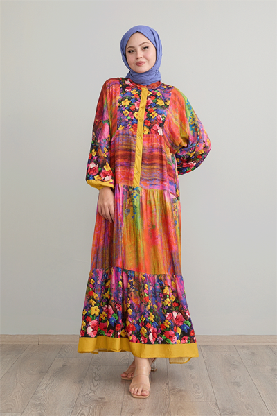 Soyut Çiçekli Hardal Viskon Elbise