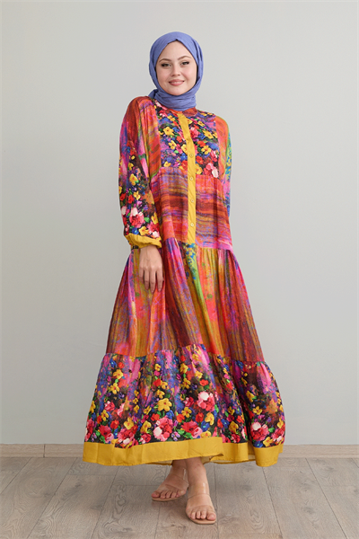 Soyut Çiçekli Hardal Viskon Elbise