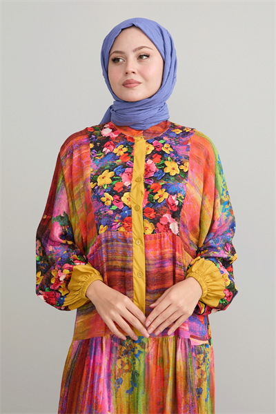 Soyut Çiçekli Hardal Viskon Elbise