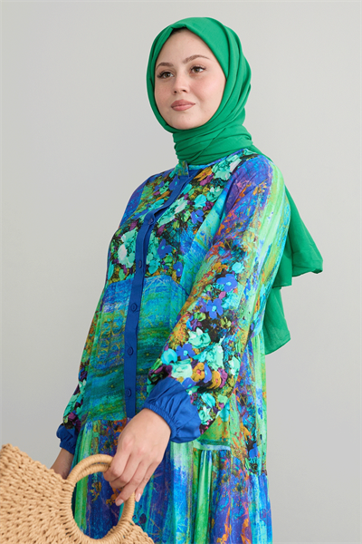 Soyut Çiçekli Yeşil Viskon Elbise