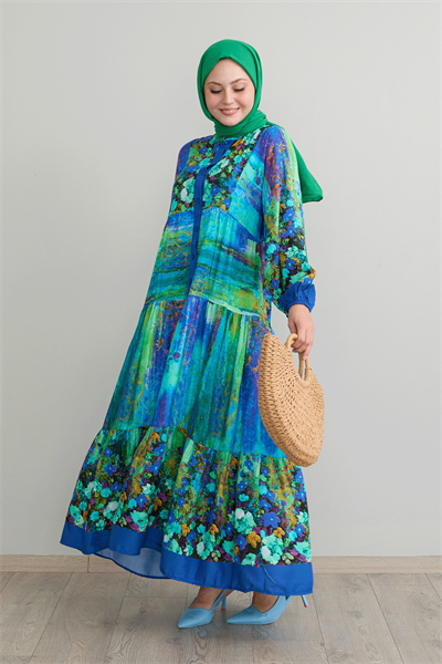 Soyut Çiçekli Yeşil Viskon Elbise